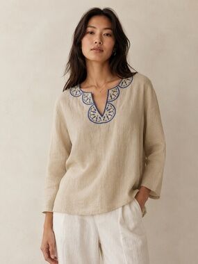 NWT Papagallo Embroidered 100% Linen Tunic XL Coastal Resort Vacation cream
